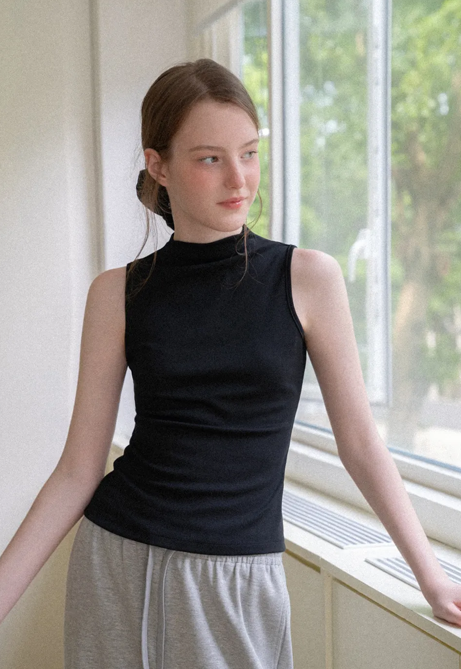 High Neck Sleeveless Ribbed Knit Tank Top