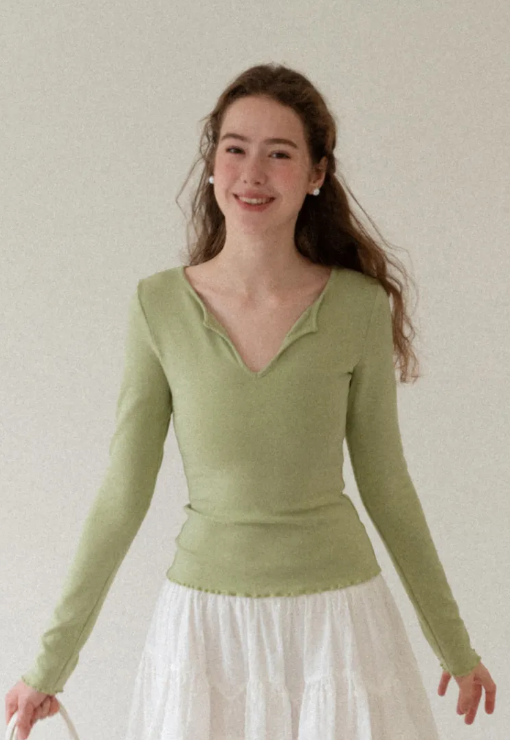 V Neck Long Sleeve Ribbed Knit Top