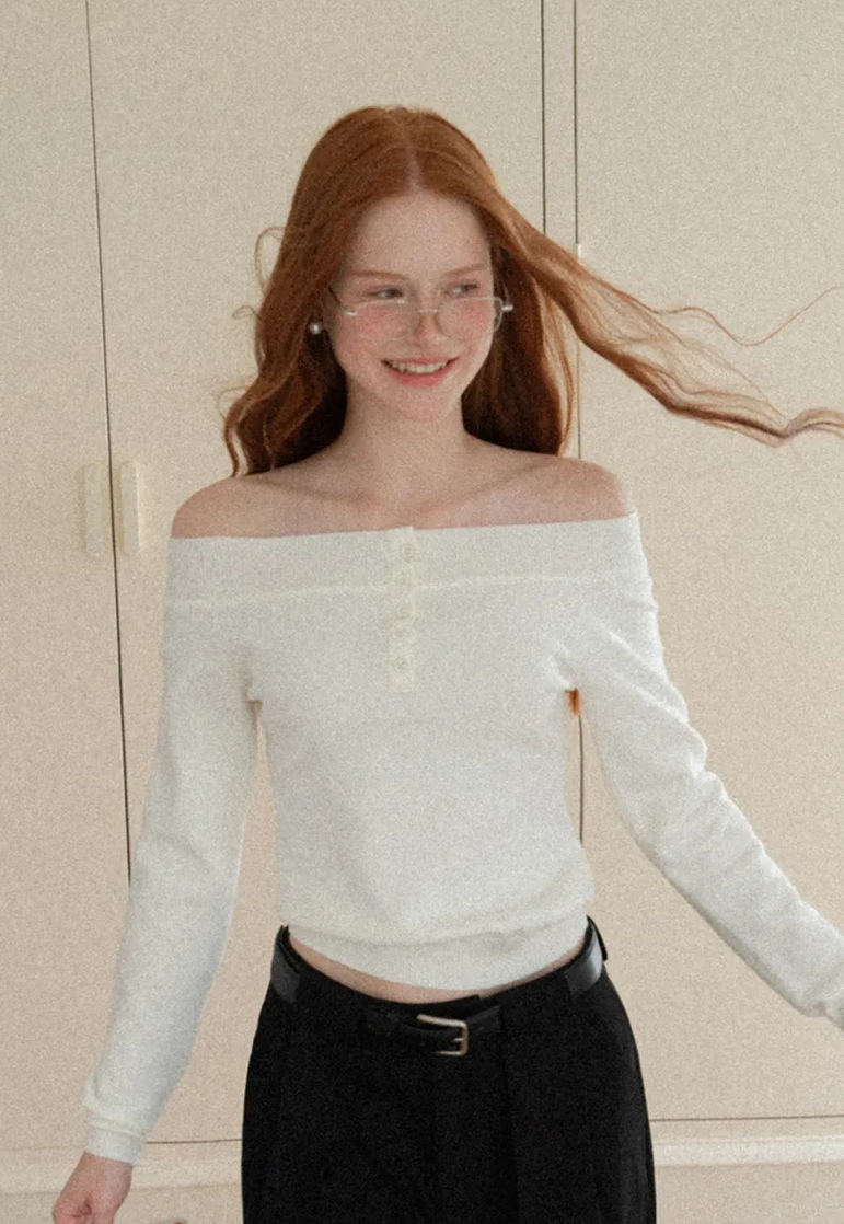 Off Shoulder Henley Long Sleeve Knit Sweater