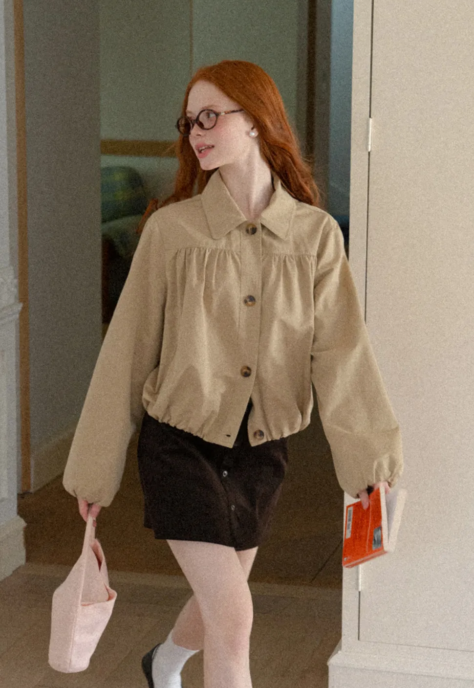 Puffed Sleeve Collared Cropped Short Jacket