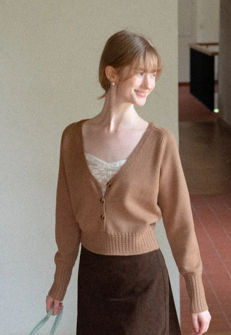 V Neck Button Front Ribbed Knit Sweater