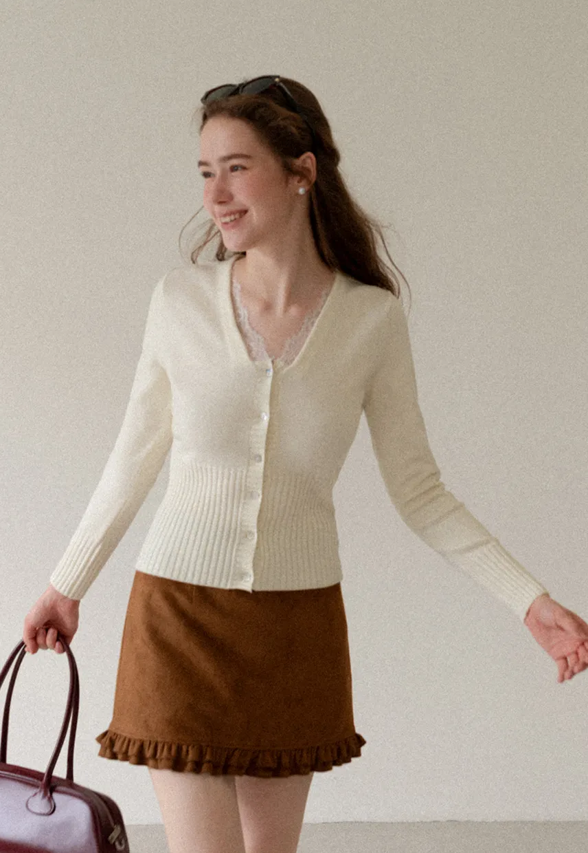V Neck Lace Trim Ribbed Knit Cardigan