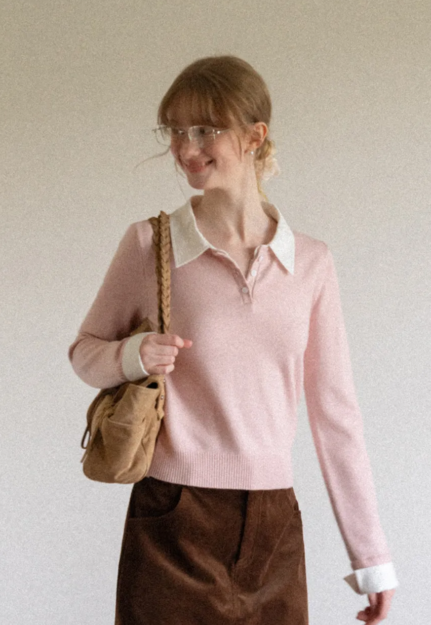 Contrast Collar Ribbed Knit Polo Sweater