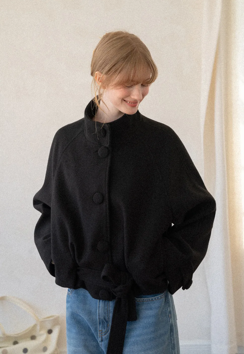 Oversized Wool Coat with Stand Collar and Tie Waist