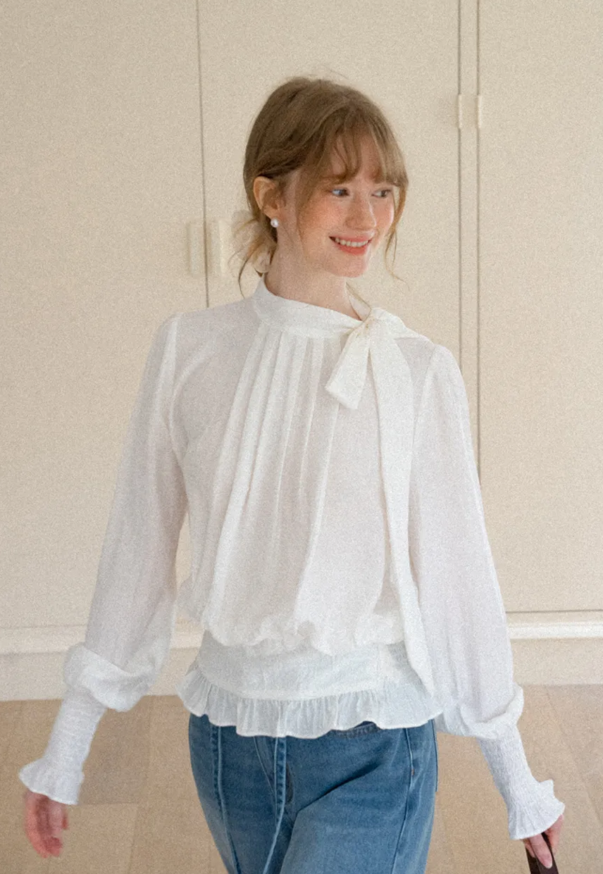 Pleated High Neck Bow Detail Blouse