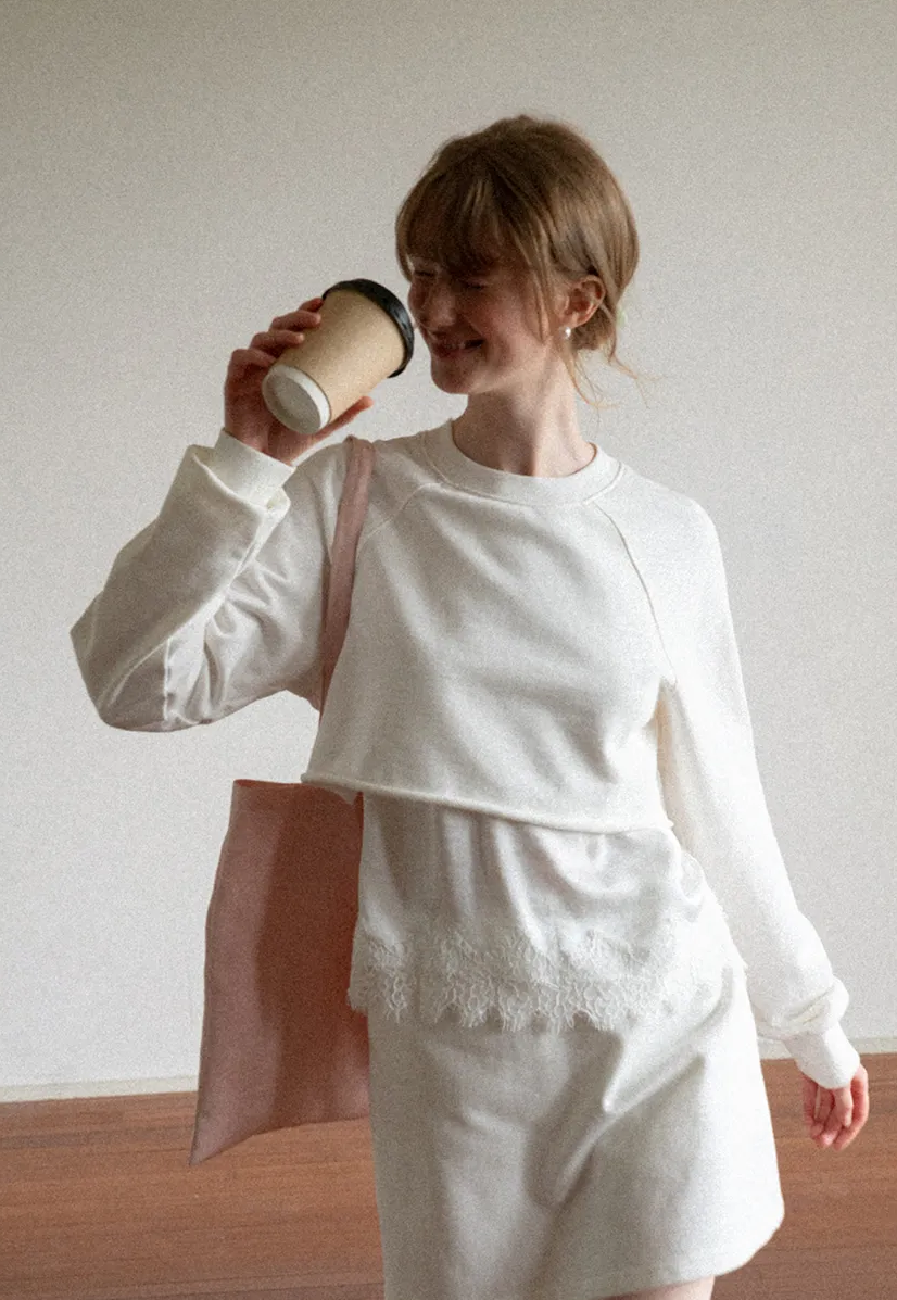 Lace Trim Cropped Sweatshirt and Skirt Set