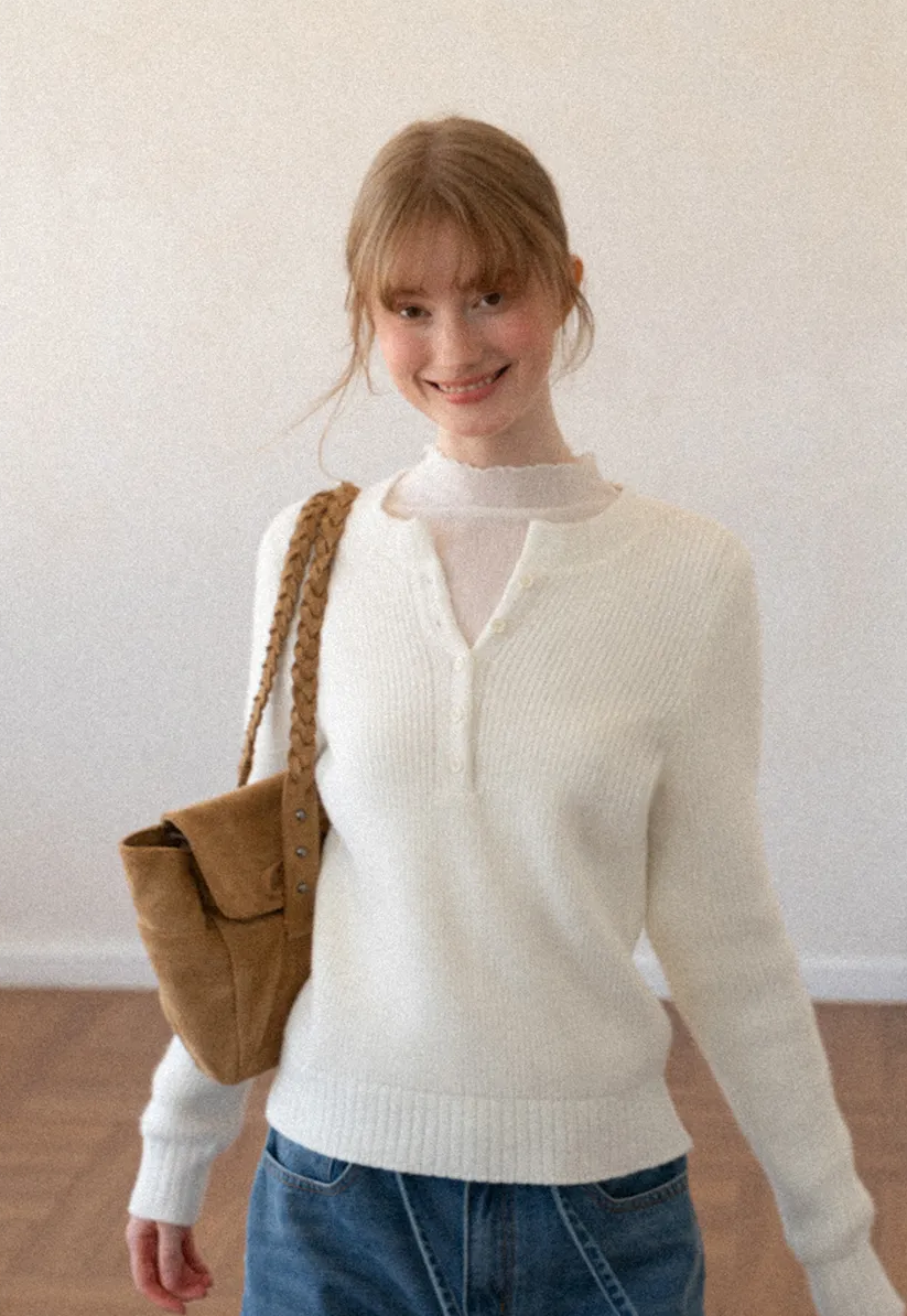 Ribbed Knit Henley Neck Sweater