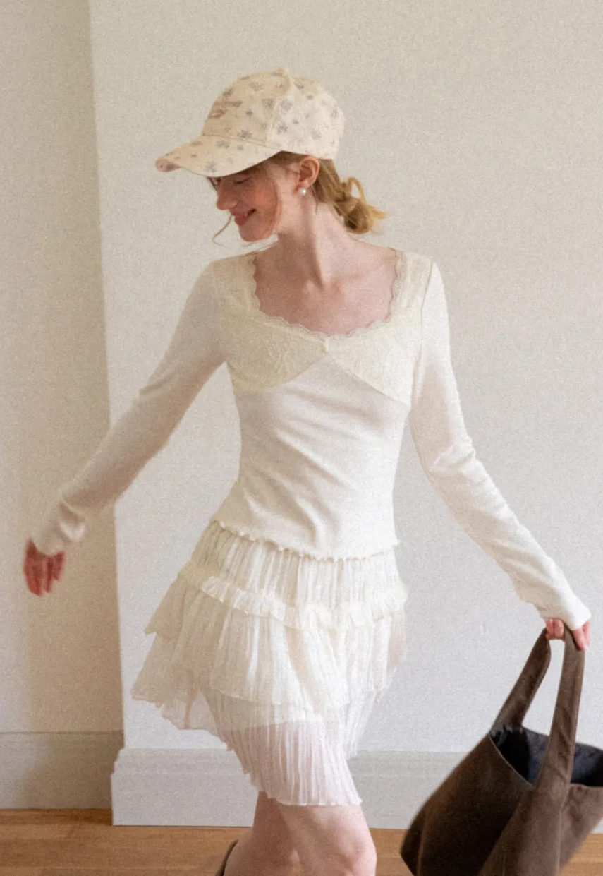 Lace Trim Square Neck Long Sleeve Top