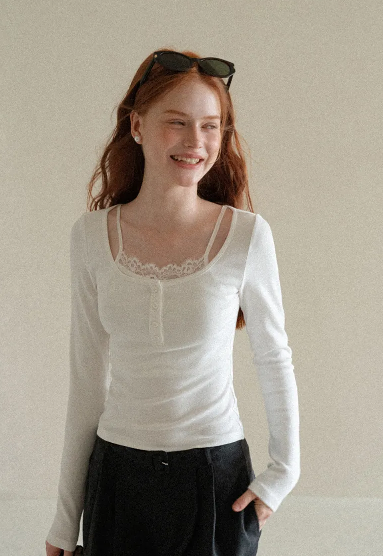 Lace Trim Square Neck Long Sleeve Knit Top