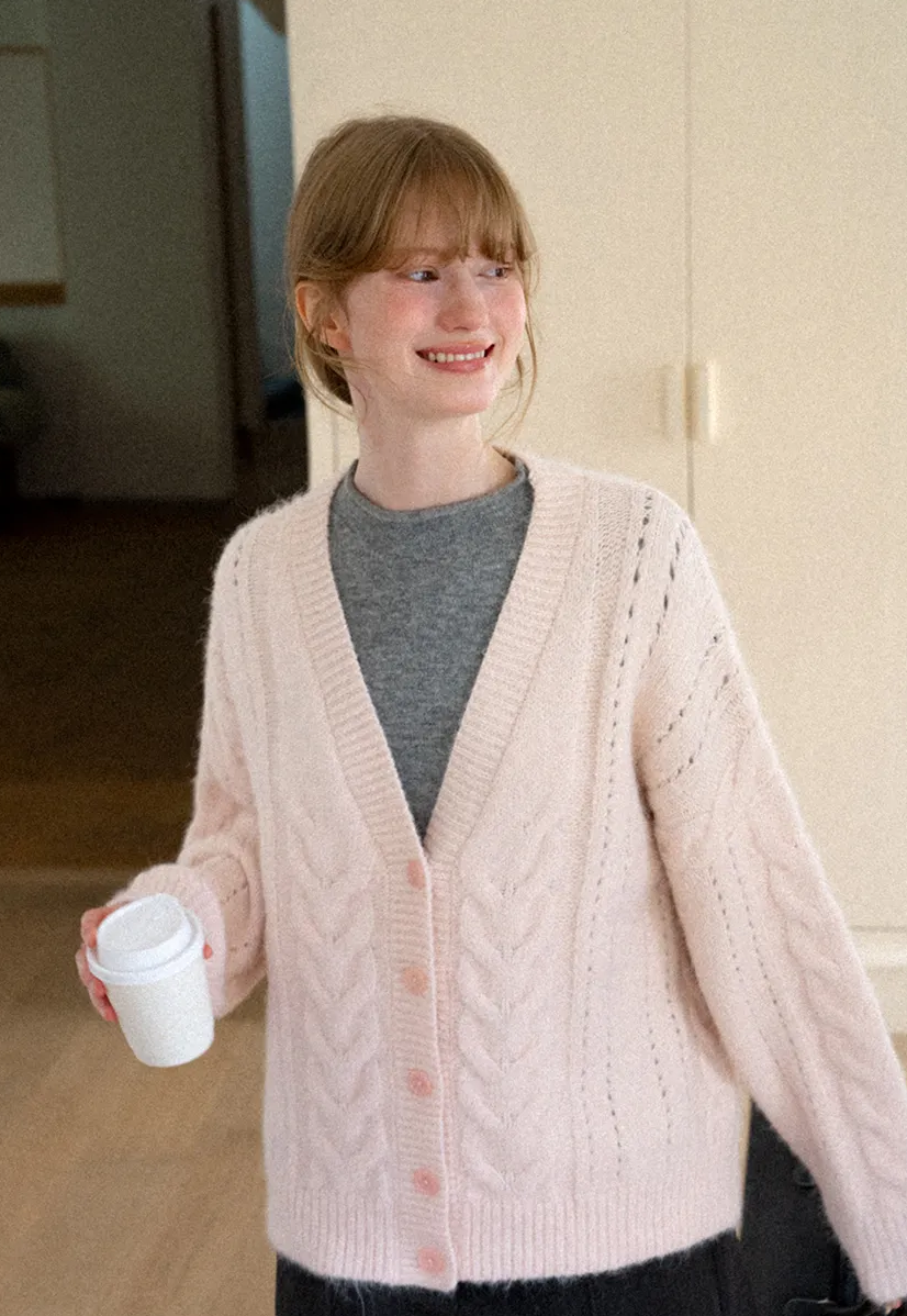 Cable Knit V Neck Button Front Cardigan Sweater