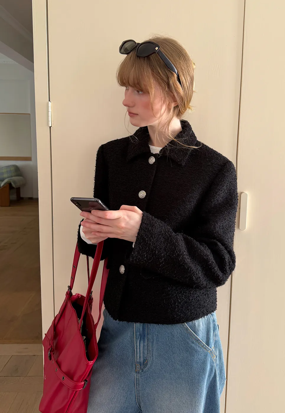 Textured Boucle Cropped Jacket with Notched Collar