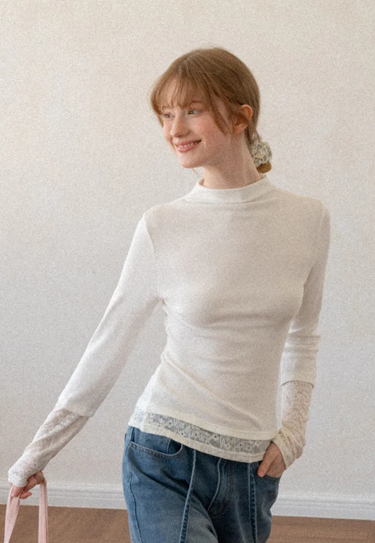 Lace Trim Half Sleeve Mock Neck Knit Top