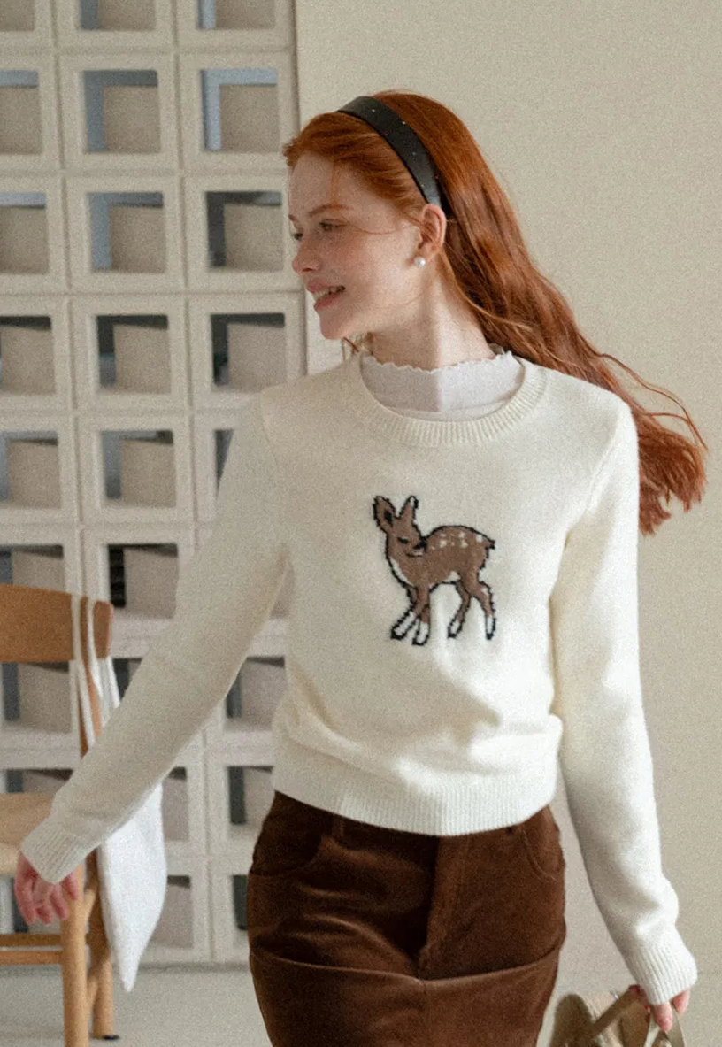 Embroidered Fawn Motif Crewneck Knit Sweater