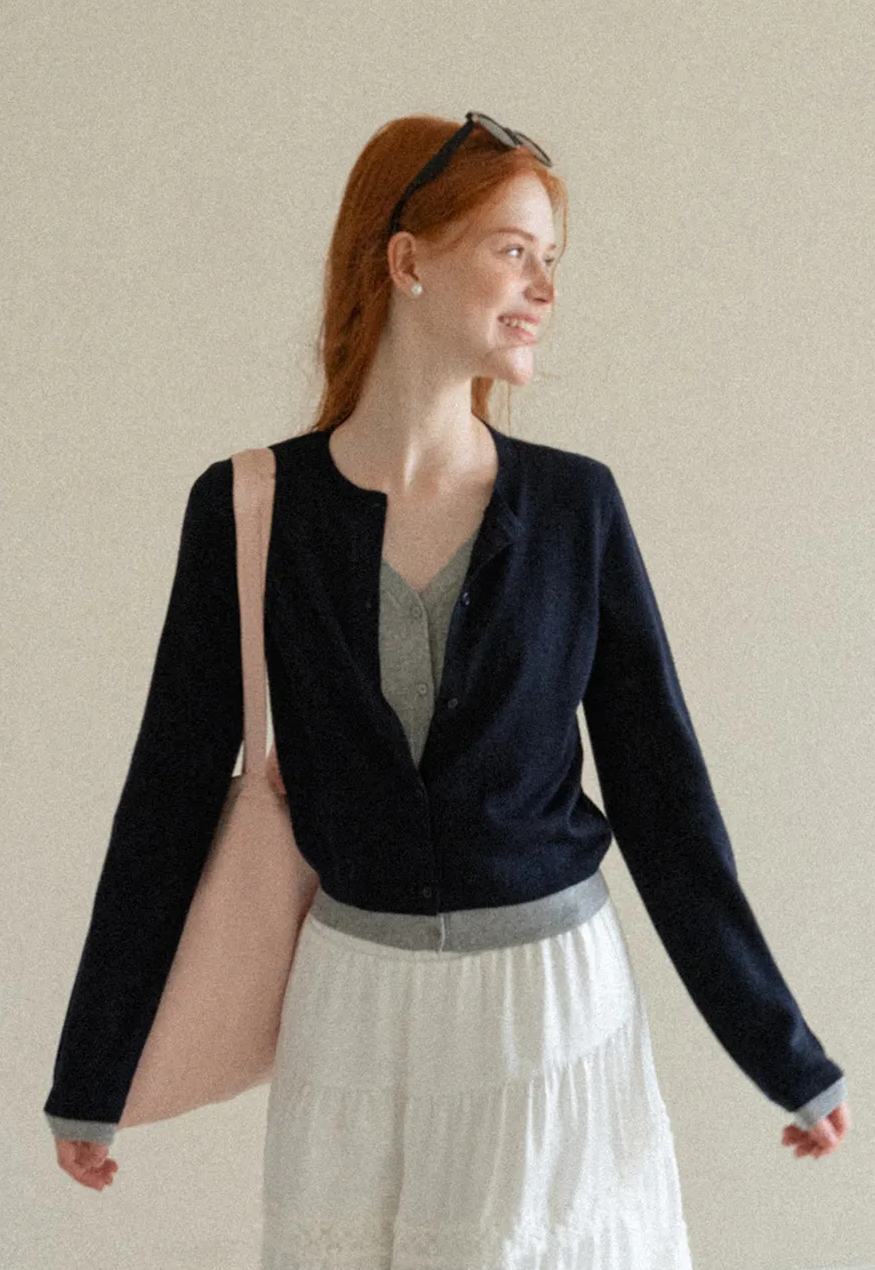 Button Front Cardigan with Contrasting Cuff Detail Woolen Knit Sweater