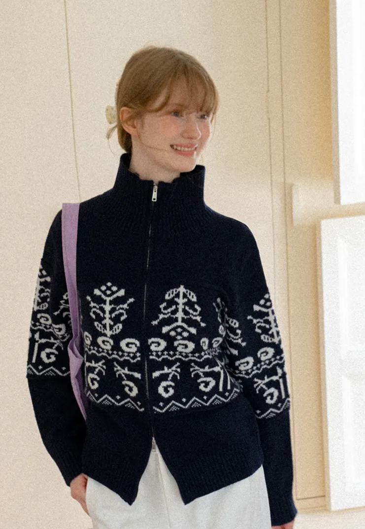 Fair Isle Patterned High Neck Zip Front Knit Sweater