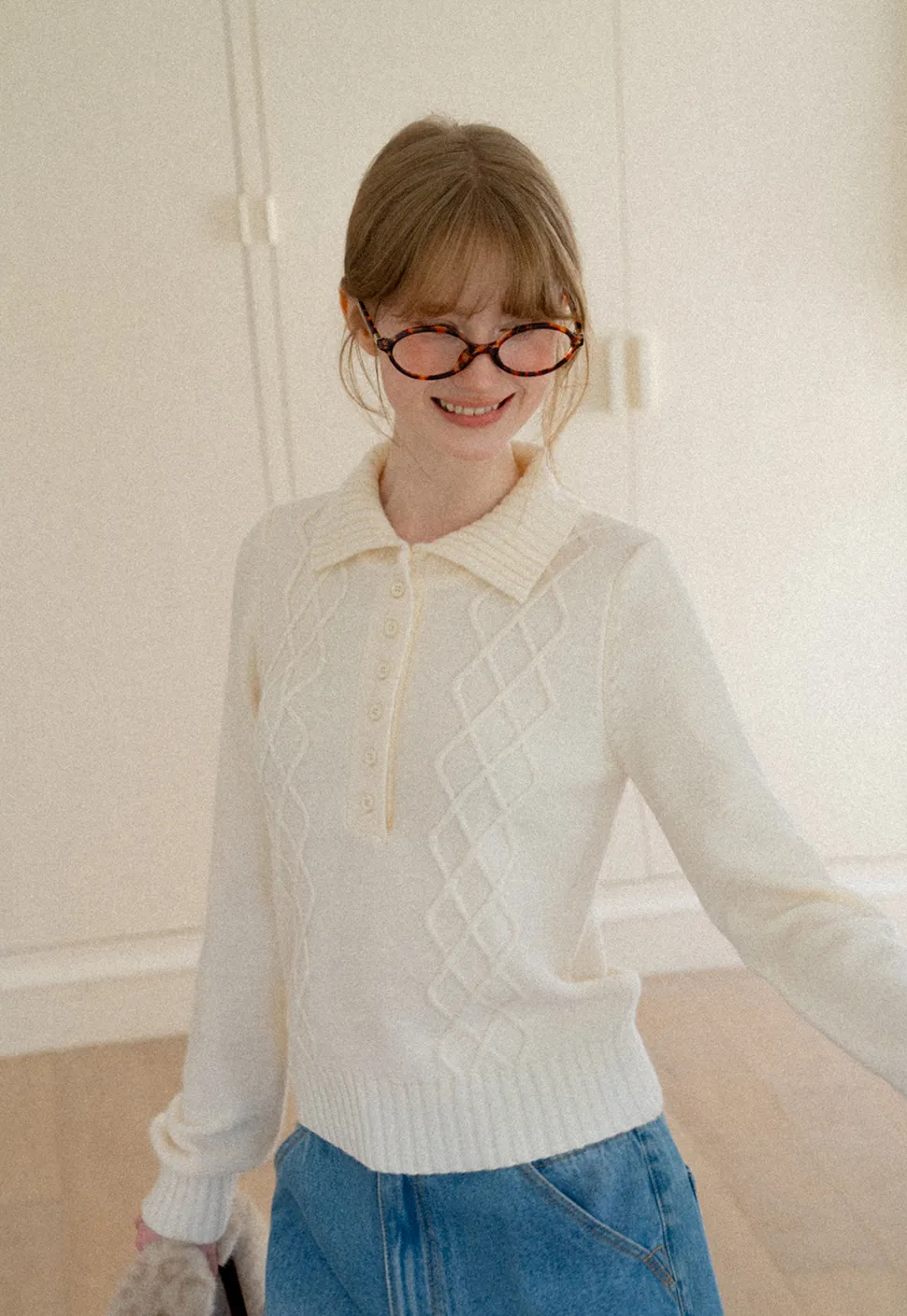 Cable Knit Diamond Pattern Collared Pullover Sweater