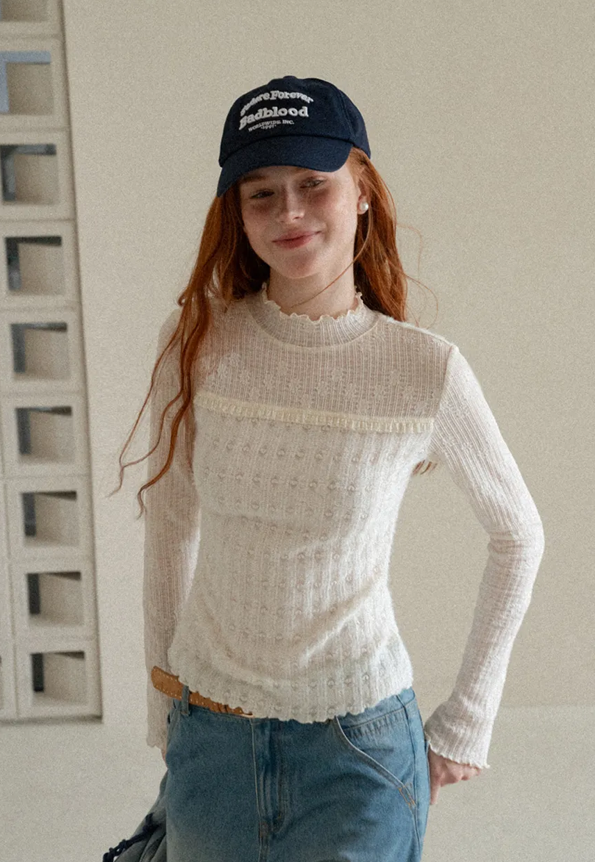 Textured Knit Top with Ruffled Collar and Long Sleeves