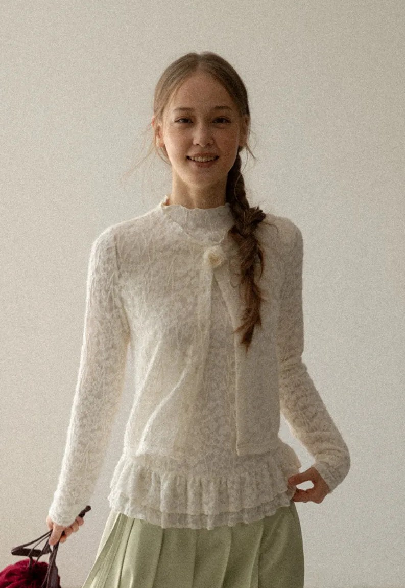 Lace Trim High Neck Ruffled Hem Long Sleeve Top