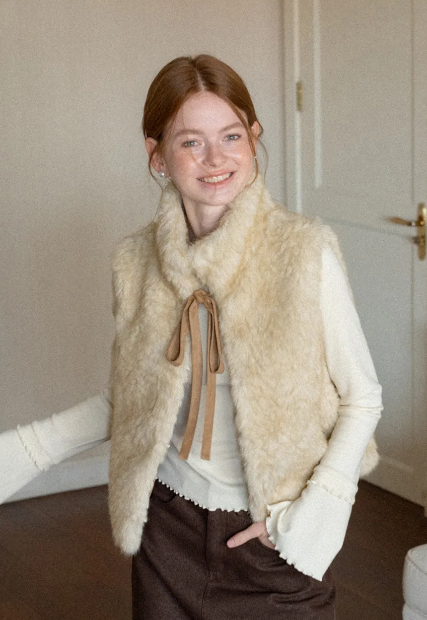 Faux Fur Collar Vest with Bow Tie Detail