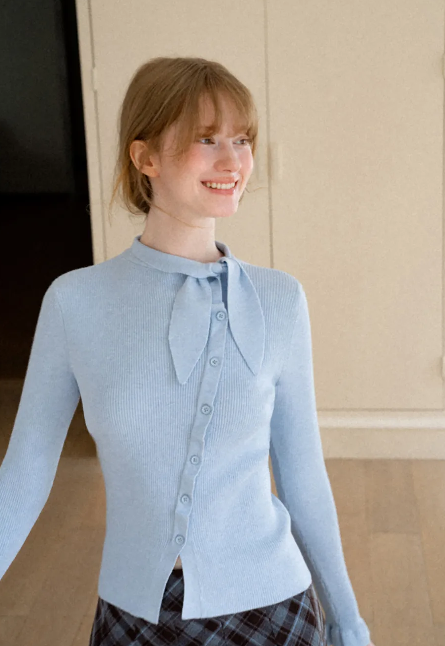 Ribbed Knit Cardigan with Bow Tie Neck and Ruffled Placket
