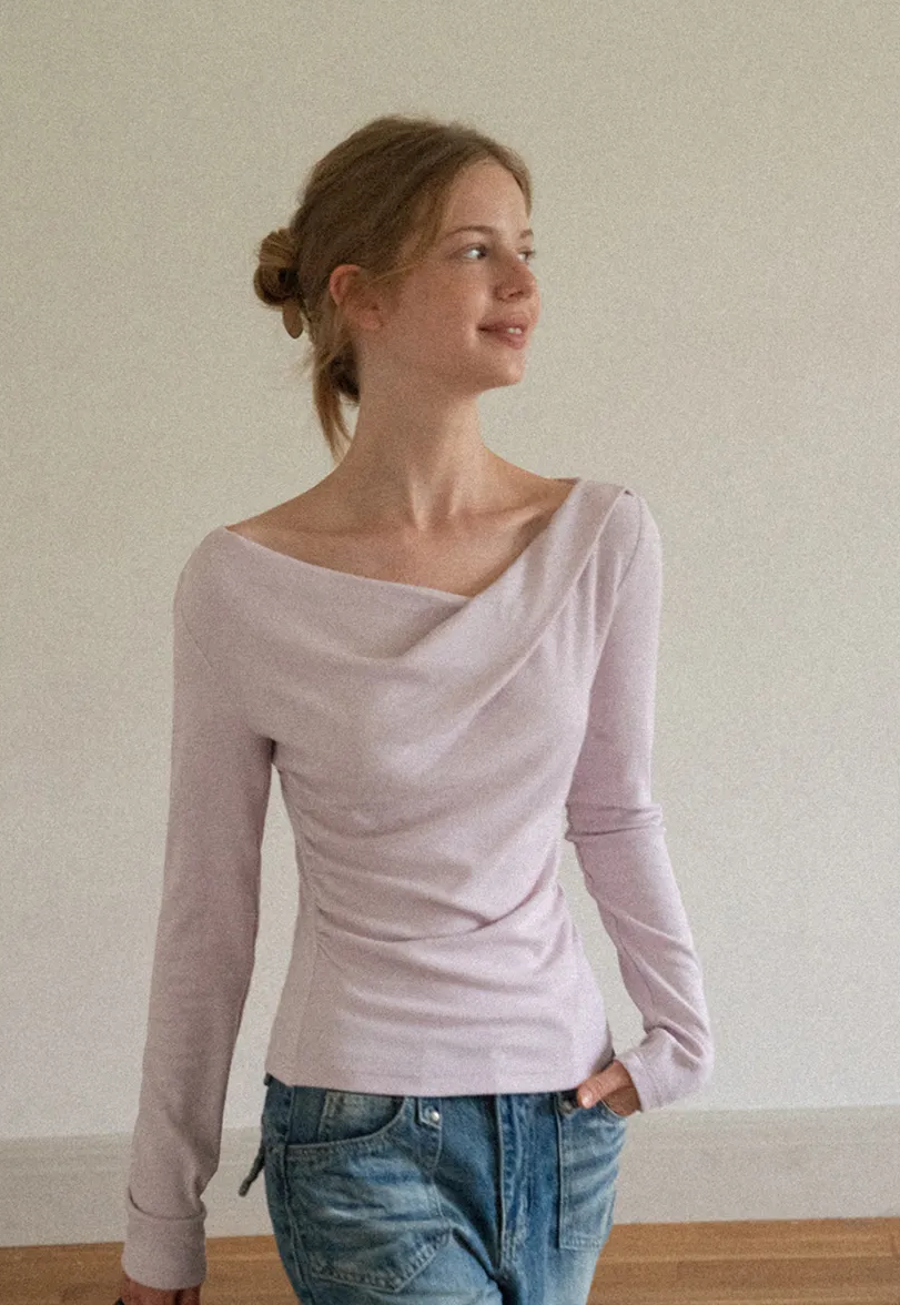 Asymmetrical Draped Neck Long Sleeve T Shirt