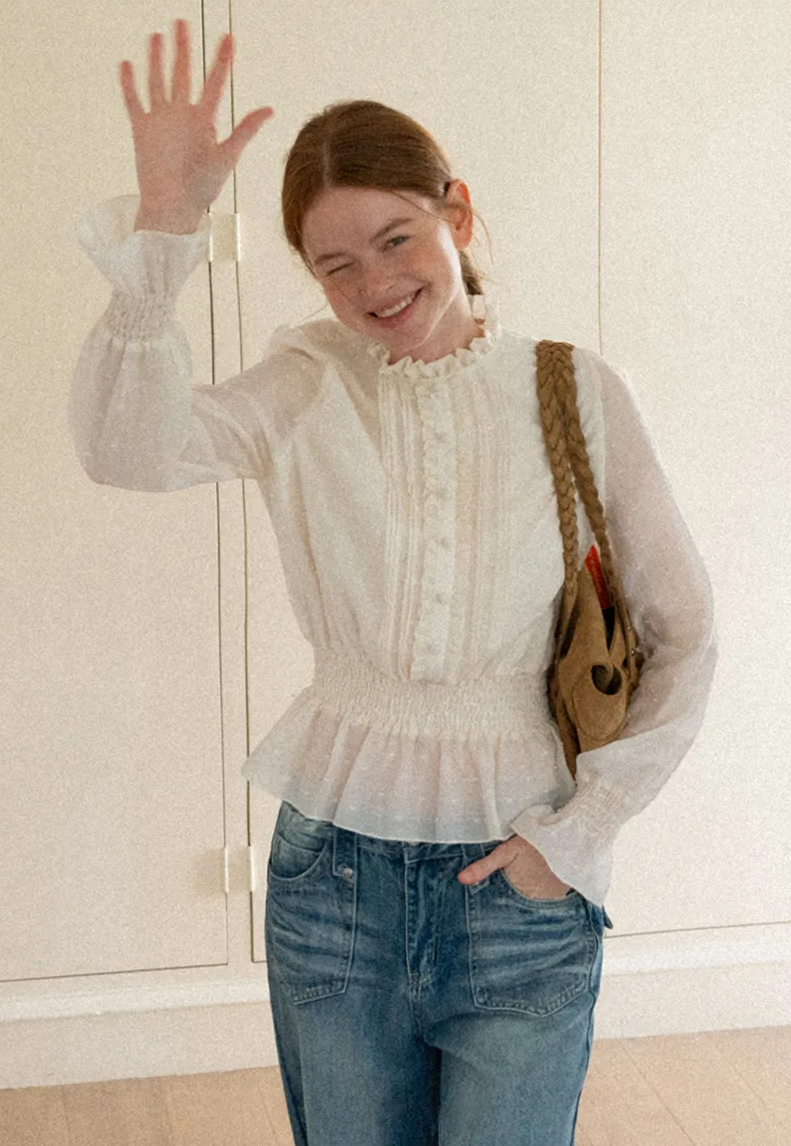 Ruffled Collar Smocked Waist Blouse