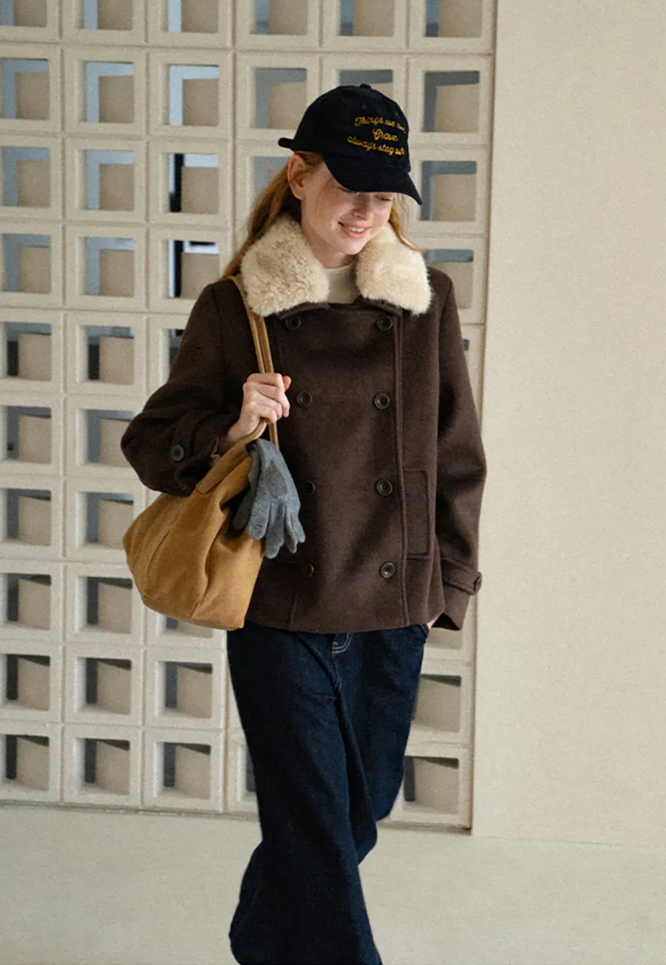 Shearling Collar Wool Coat