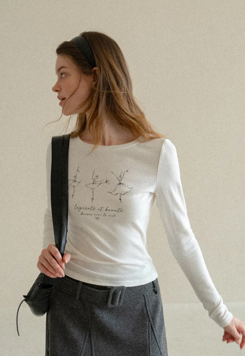 Ballet Sketch Print Long Sleeve Crew Neck T Shirt