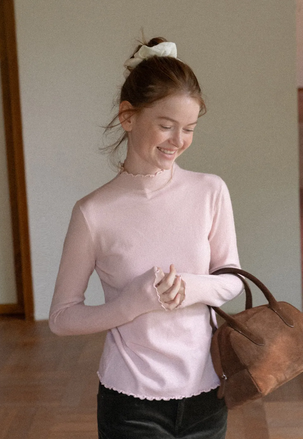 Scalloped Trim High Neck Long Sleeve Knit Sweater