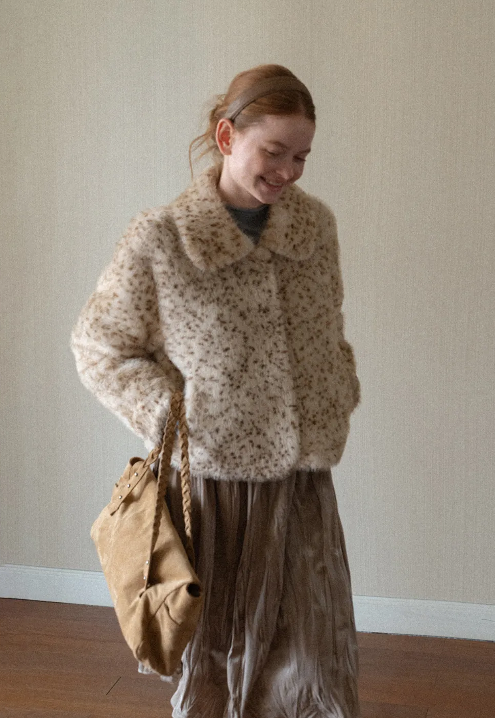 Leopard Print Faux Fur Collar Short Jacket