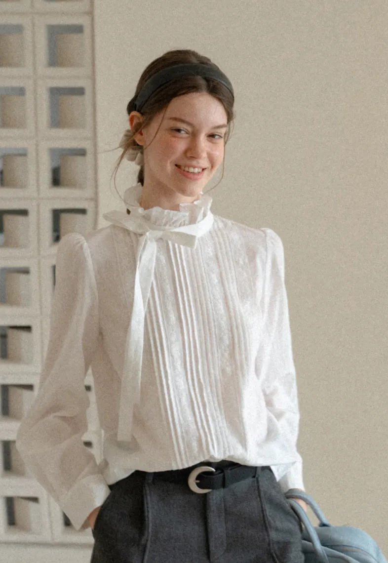 Pleated High Neck Bow Tie Blouse