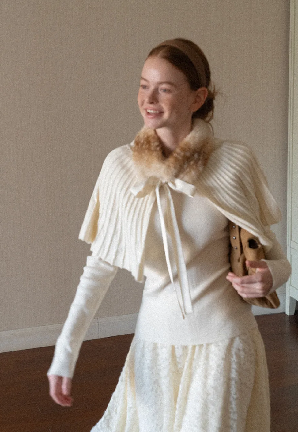 Fur Trimmed Ribbed Knit Cape Sweater
