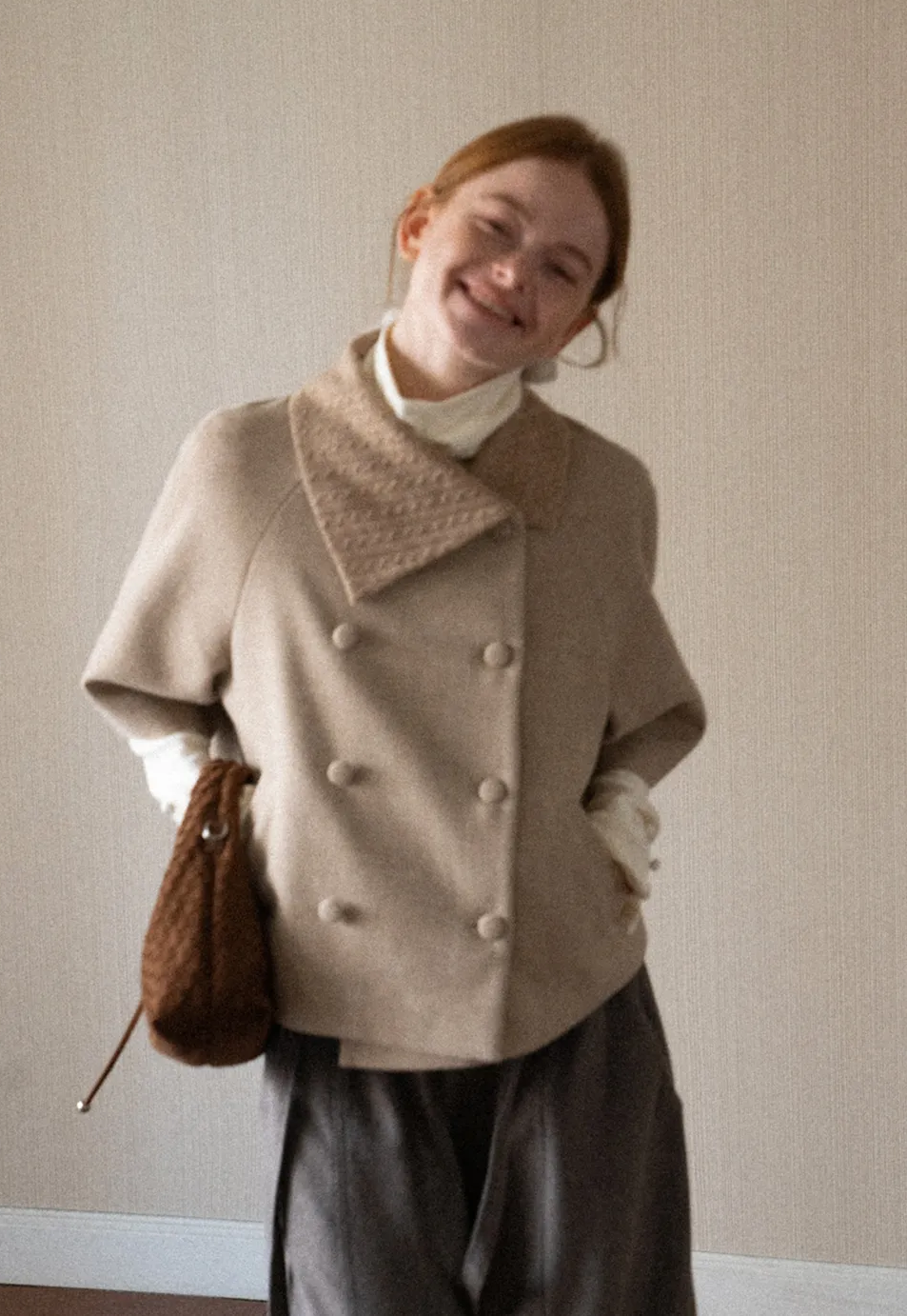 Textured Collar Double Breasted Short Jacket