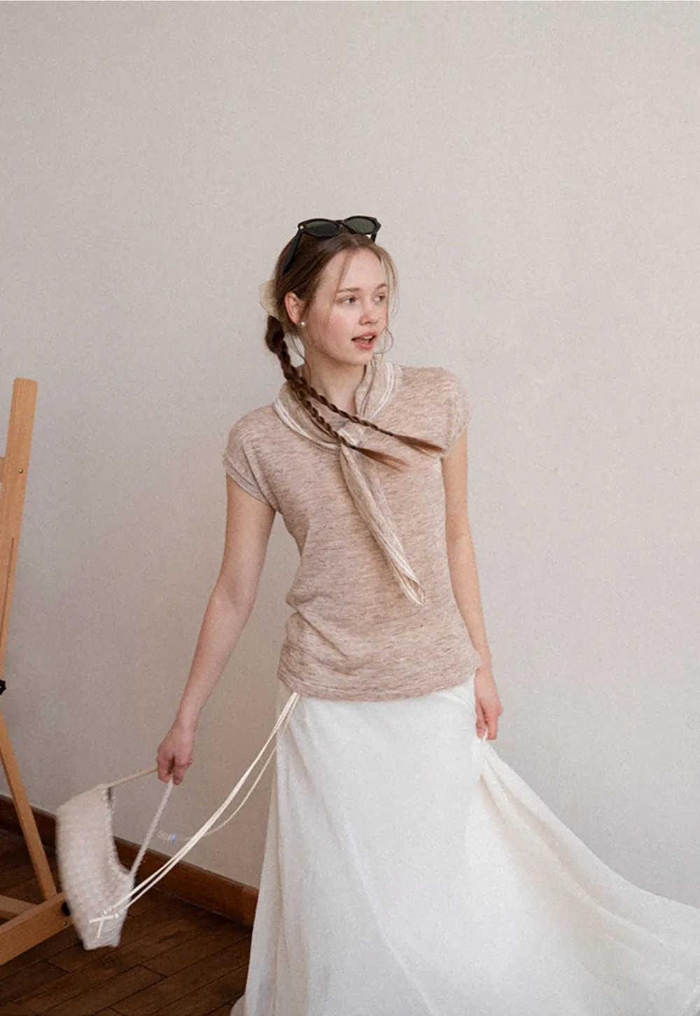 Short Sleeve Knit Sweater with Neck Tie Detail