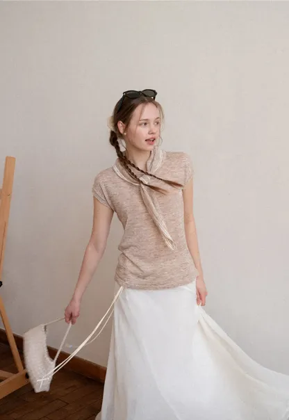 Short Sleeve Knit Sweater with Neck Tie Detail