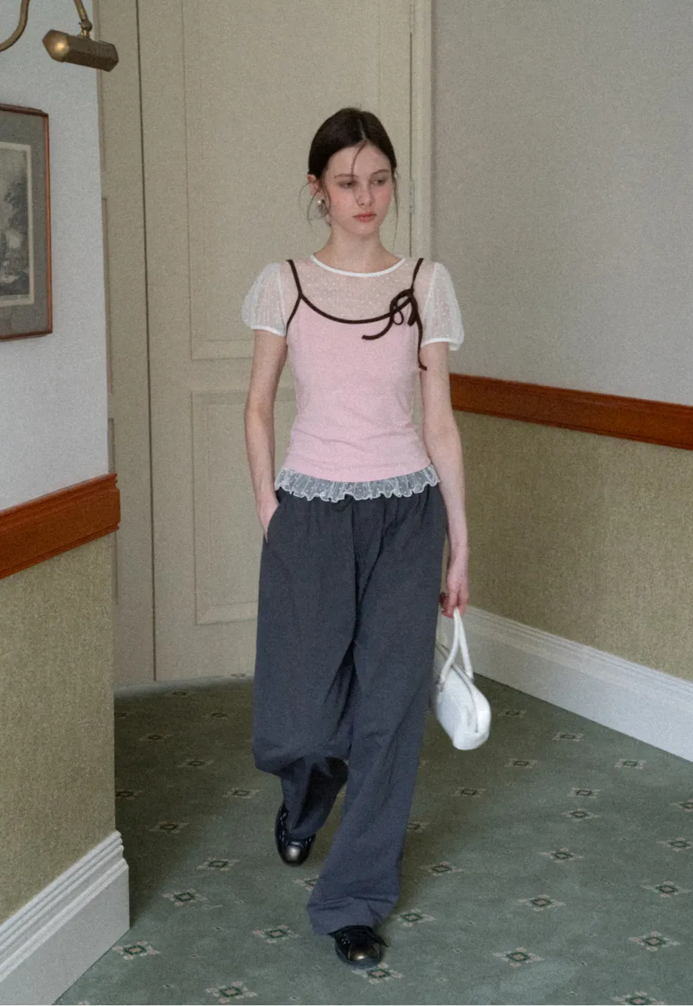 Sheer Mesh Trimmed Tank Top with Bow Detail