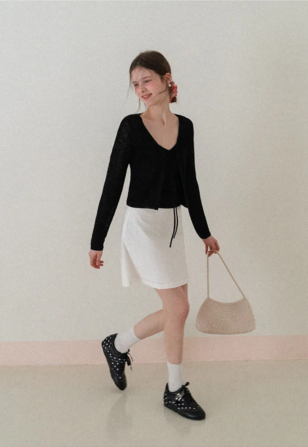 V Neck Long Sleeve Knit Cardigan with Front Tie