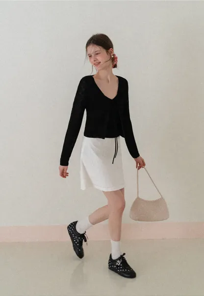 V Neck Long Sleeve Knit Cardigan with Front Tie