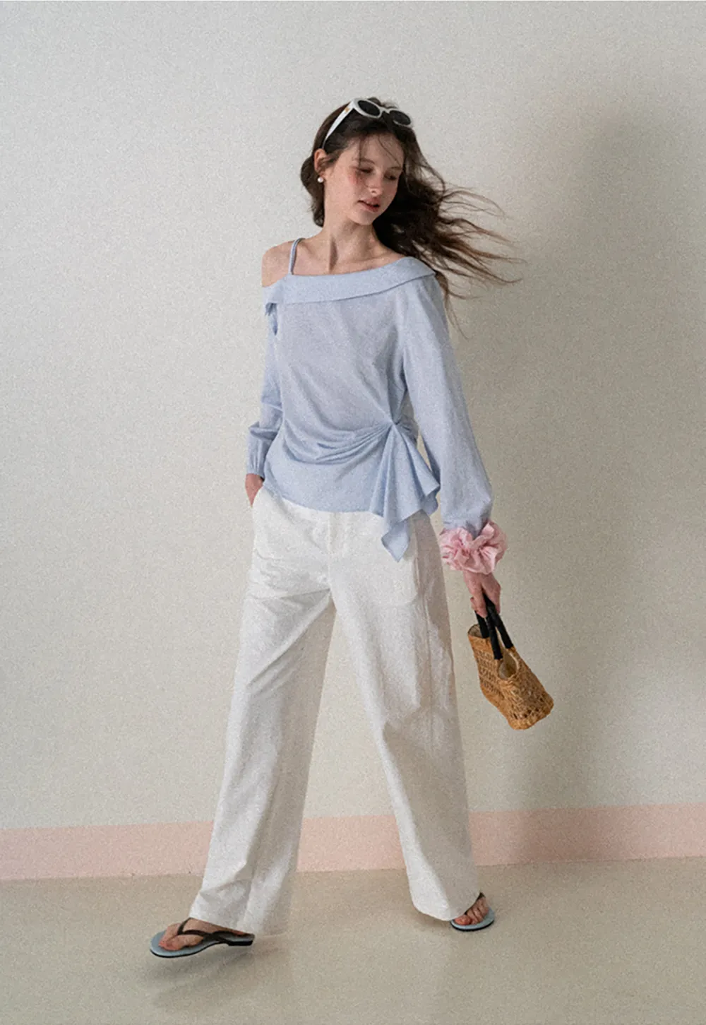 Off Shoulder Shirt with Ruched Sleeve Detail