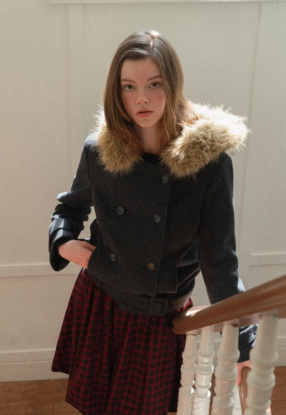 Hooded Wool Coat with Quilted Lining and Wool Collar