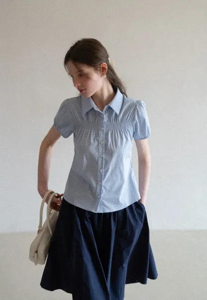 Short Sleeve Button Up Shirt with Pleated Detail