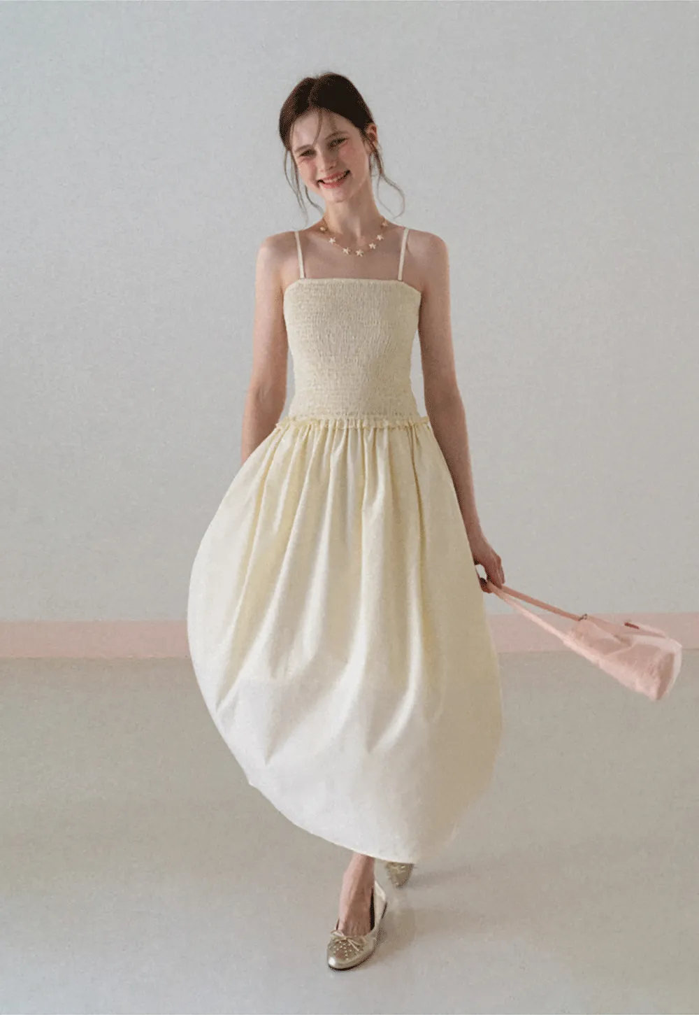 Strapless Smocked Bodice A Line Midi Dress