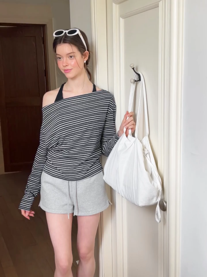 Asymmetrical Off Shoulder Striped Long Sleeve Top