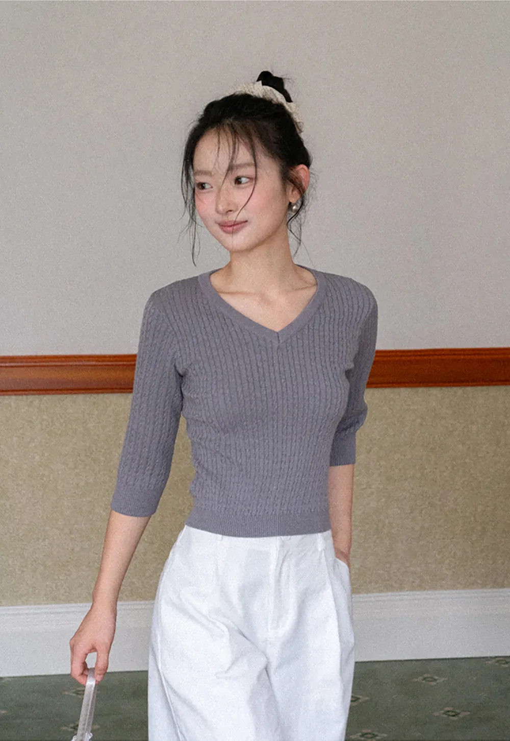 V Neck Ribbed Knit Crop Top