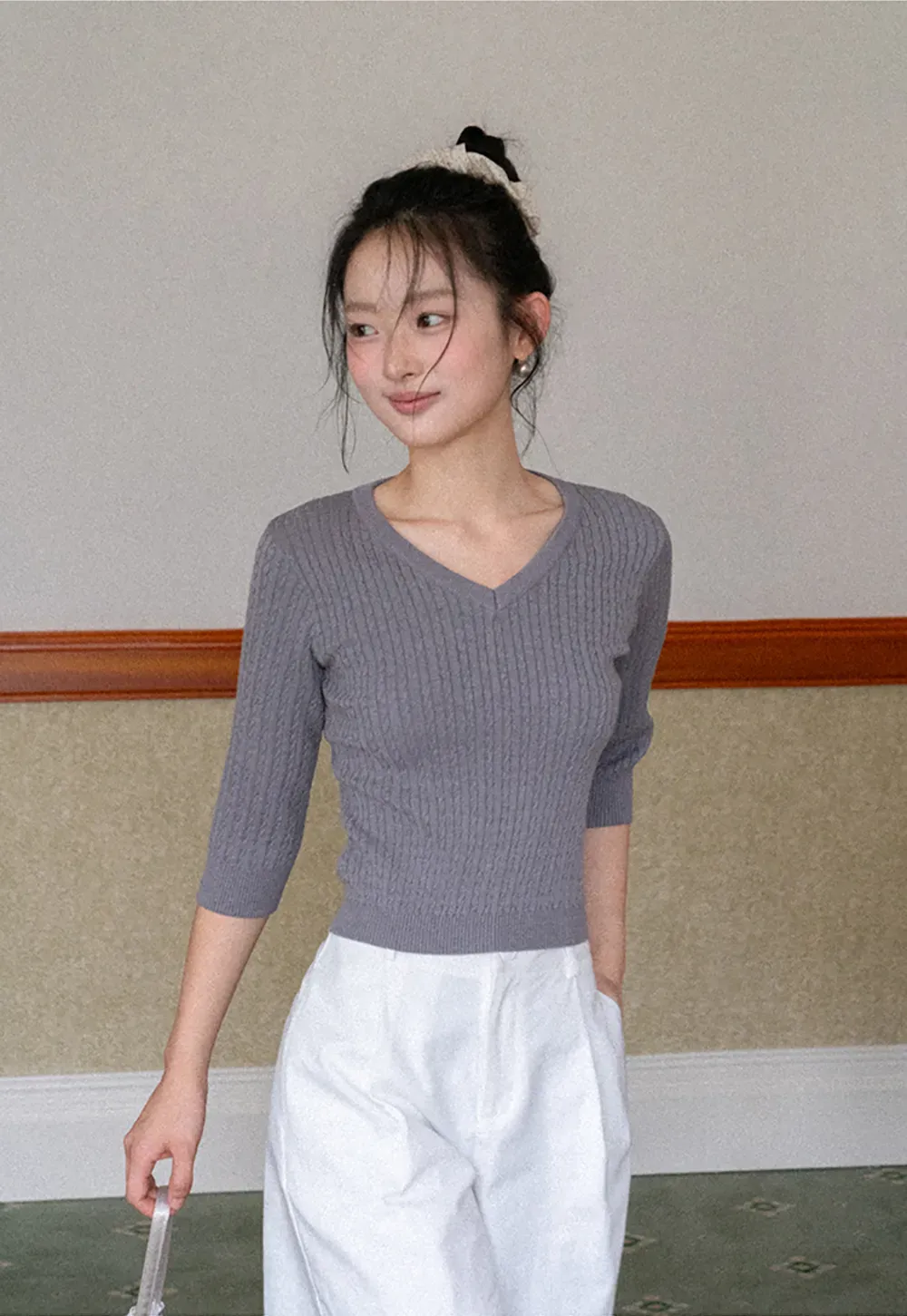 V Neck Ribbed Knit Crop Top