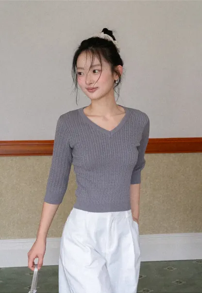 V Neck Ribbed Knit Crop Top