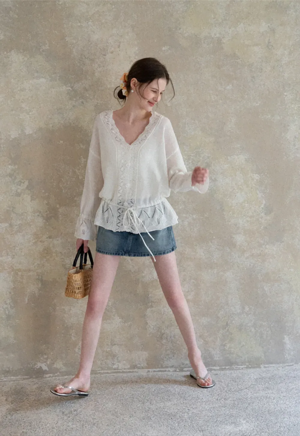 Lace Trimmed V Neck Knit Sweater with Drawstring Hem