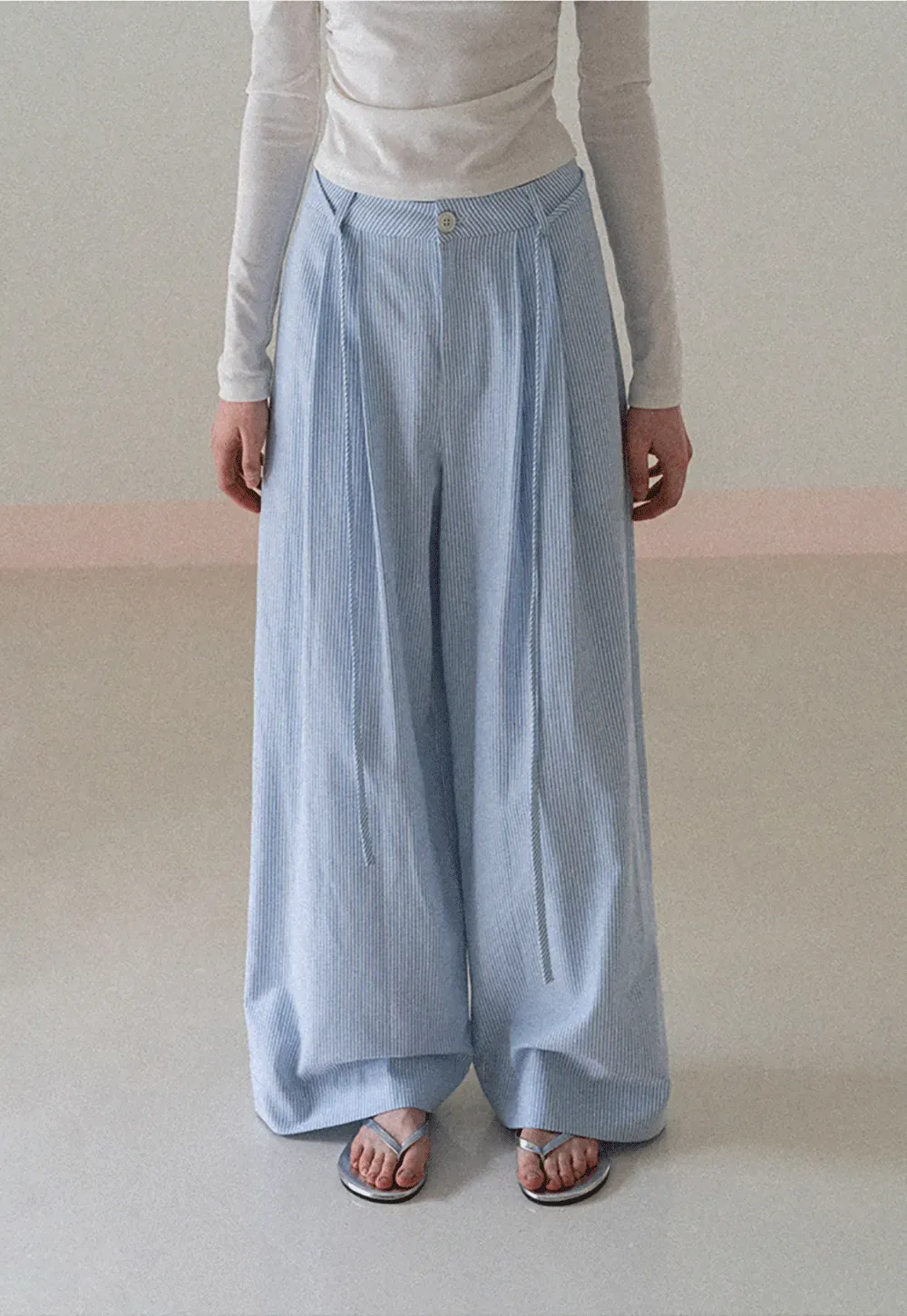Wide Leg Pleated Casual Pants with Drawstring Waist