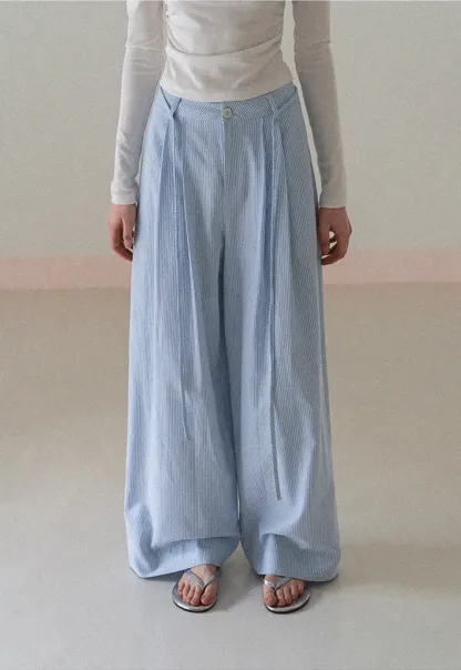 Wide Leg Pleated Casual Pants with Drawstring Waist