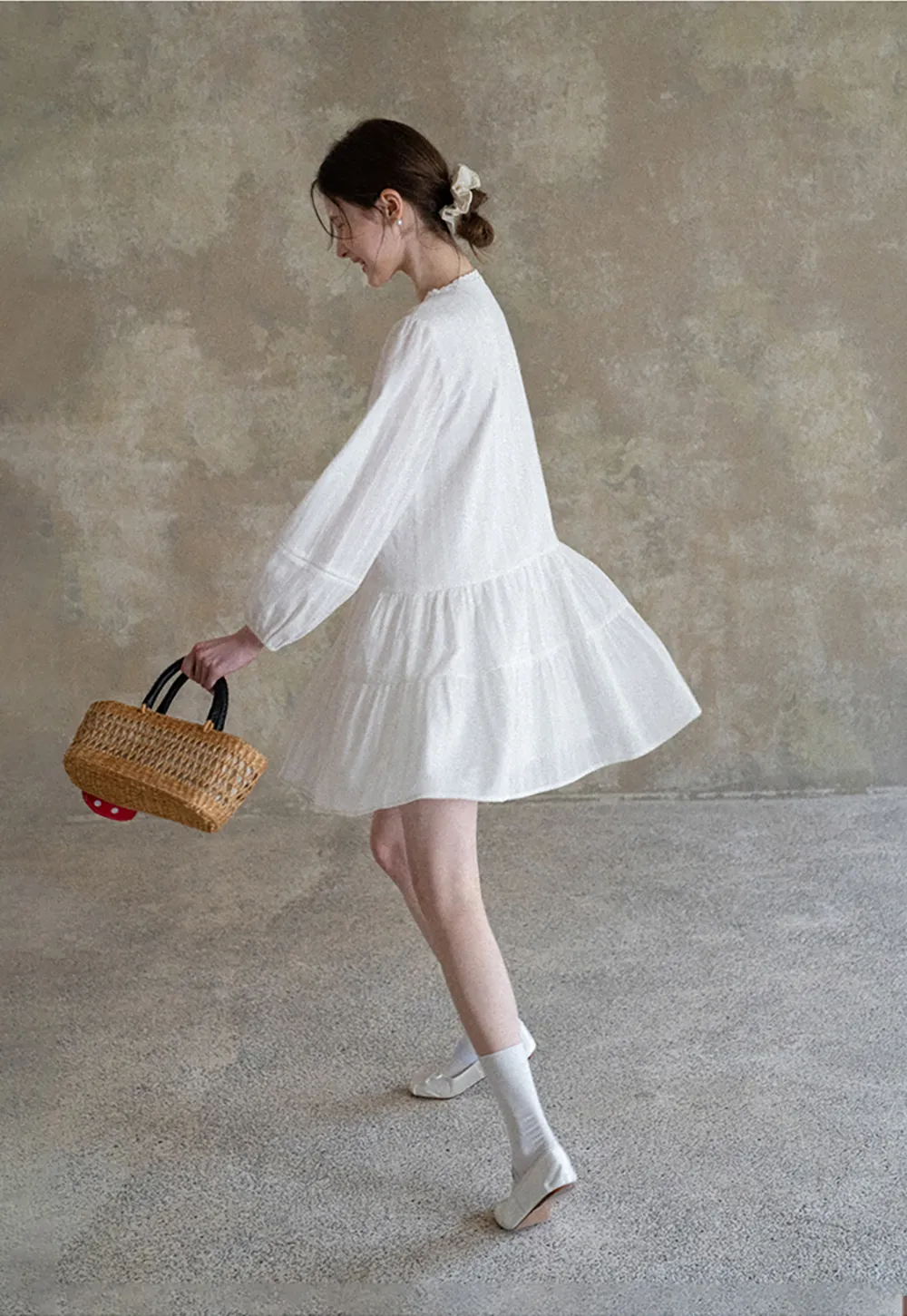 V neck long sleeve tiered dress with lace trim